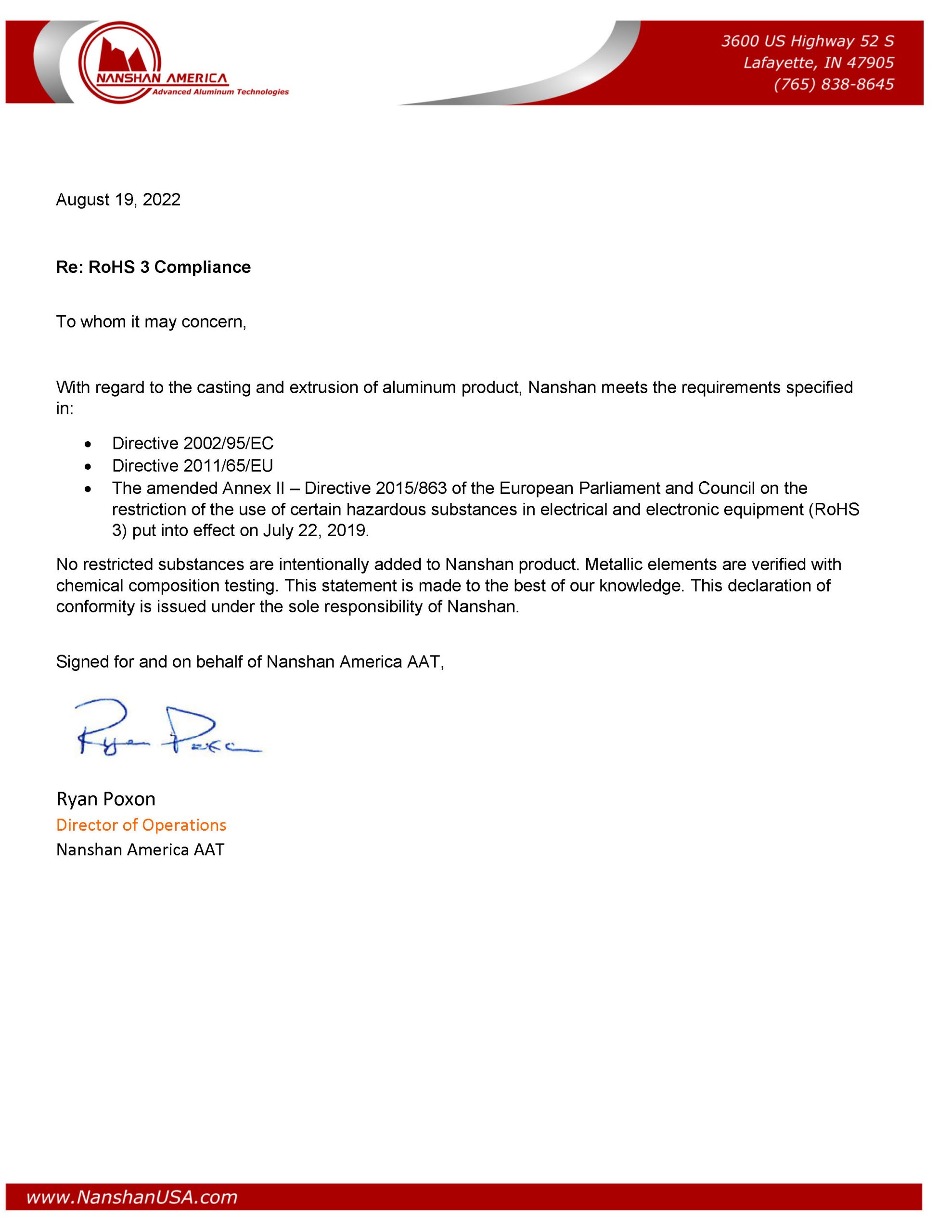 August 2022 RoHS Compliance Statement